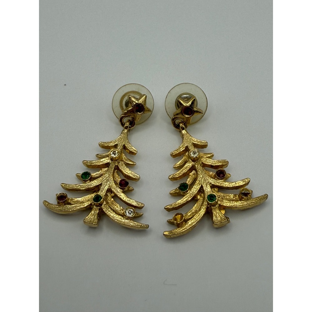 Gold Christmas Tree Dangle Earrings Rhinestone Star Top Festive Holidayโ Jewelry